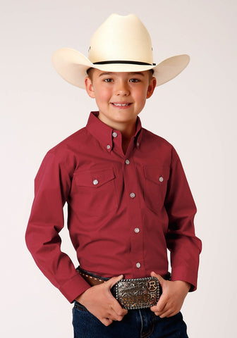 Roper Boys Kids Solid Red Cotton Blend Poplin Stretch BD L/S Button Shirt