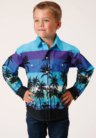 Roper Boys Kids Blue 100% Cotton Beach Roundup Border L/S Shirt