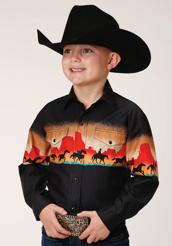 Roper Boys Kids Black 100% Cotton Red Mesa Scenic L/S Shirt