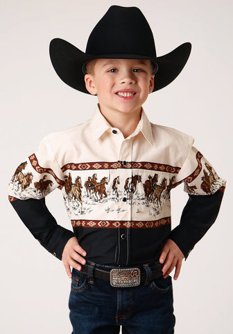Roper Boys Kids Brown 100% Cotton Running Horse Border L/S Shirt