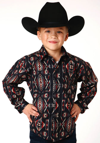Roper Boys Kids Black 100% Cotton Blanket Stripe L/S Snap Shirt
