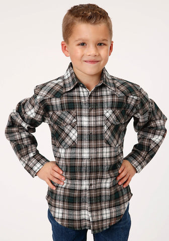 Roper Boys Kids Tan/Black 100% Cotton Unlined Flannel Plaid L/S Shirt