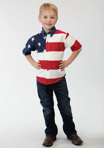 Roper Americana Boys White 100% Cotton Stars & Stripes S/S Button Shirt