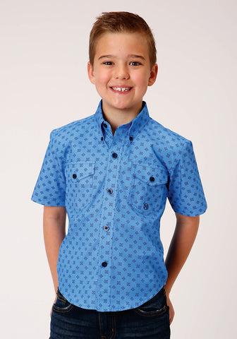 Roper Boys Kids Blue 100% Cotton Cottage Foulard BD S/S Button Shirt