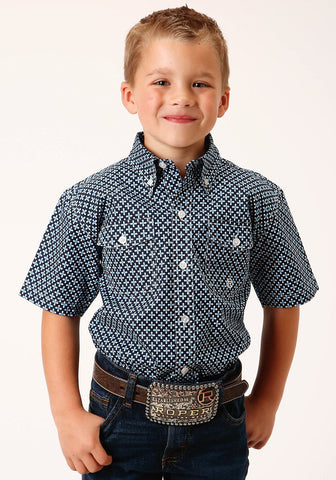 Roper Boys Kids Blue 100% Cotton Four Leaf Foulard BD S/S Button Shirt