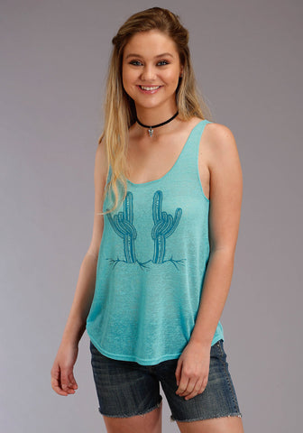 Roper Womens Turquoise Polyester Rock On Cactus S/L Tank Top