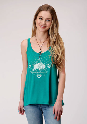 Roper Womens Turquoise Poly/Rayon Loose Fit Buffalo S/L Tank Top