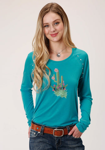 Roper Womens Turquoise Poly/Rayon Floral Cactus L/S T-Shirt