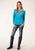 Roper Womens Turquoise 100% Cotton Slit Neck L/S Floral T-Shirt