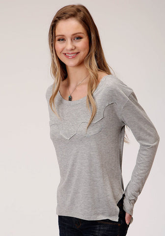 Roper Womens Grey Poly/Rayon Raw Edge Yoke L/S T-Shirt