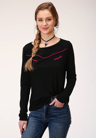 Roper Womens Black Poly/Rayon Pink Fancy L/S T-Shirt