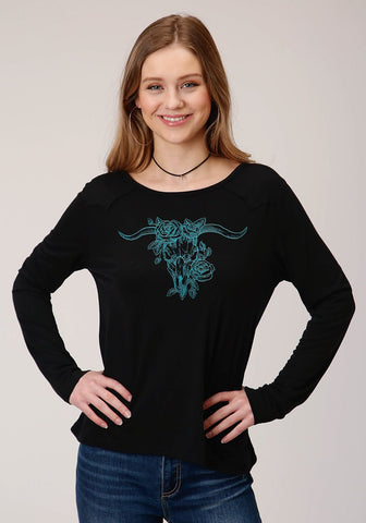 Roper Womens Black Poly/Rayon Turquoise Longhorn L/S T-Shirt