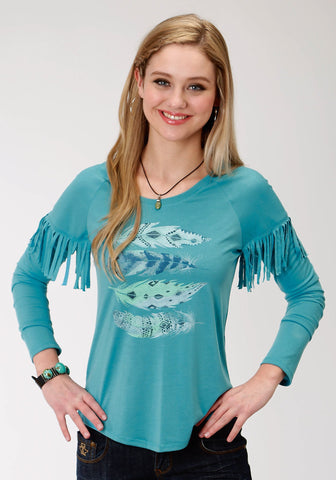 Roper Womens Turquoise Poly/Rayon Feathers & Fringe L/S T-Shirt