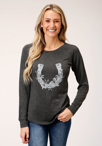 Roper Womens Charcoal Grey Poly/Rayon Horseshoe L/S T-Shirt