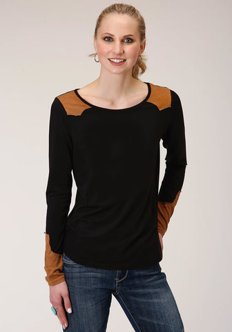 Roper Womens Black/Tan Poly/Rayon Western Scoop Neck L/S T-Shirt