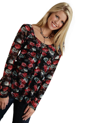 Roper Nostalgia Ladies Black Polyester Allover Floral L/S Shirt