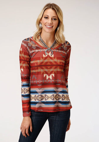 Roper Womens Rust Multi Polyester Cream Sweater L/S Tunic