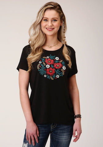 Roper Womens Black Poly/Rayon Floral S/S Boxy Fit T-Shirt