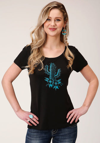 Roper Womens Black Poly/Rayon Blue Cactus S/S T-Shirt