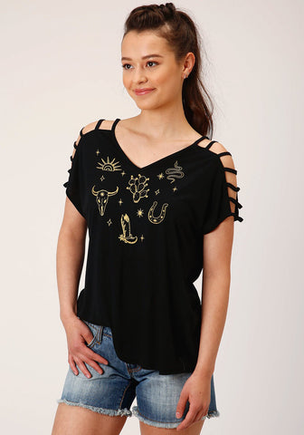 Roper Womens Black Poly/Rayon Cold Shoulder S/S Strappy T-Shirt