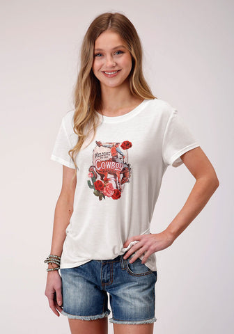 Roper Womens Cream Poly/Rayon Cowboy Print S/S Shirt