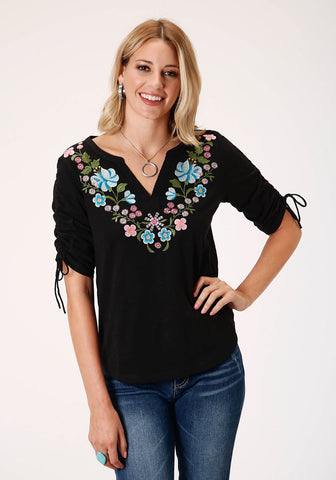 Roper Womens Black 100% Cotton Floral Crewel S/S Ties Tunic