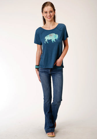 Roper Womens Navy Blue Poly/Rayon Buffalo Yoke S/S T-Shirt