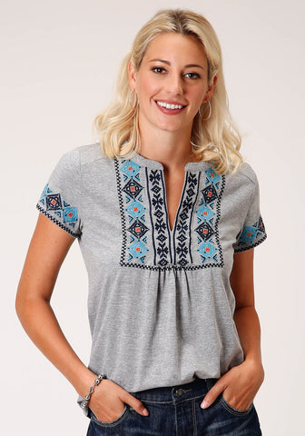 Roper Womens Heather Grey 100% Cotton Blue Geometric S/S T-Shirt