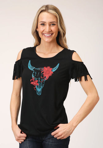 Roper Womens Black Poly/Rayon Cold Shoulder S/S Longhorn T-Shirt