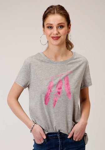Roper Womens Grey Poly/Rayon Pink Feathers S/S T-Shirt