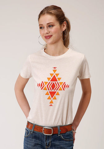 Roper Womens White 100% Cotton Red Aztec S/S T-Shirt