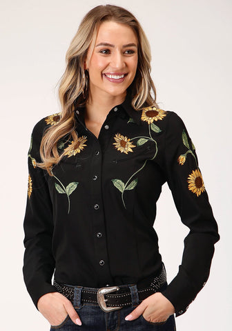 Roper Womens Black Polyester Retro Sunflower L/S Shirt
