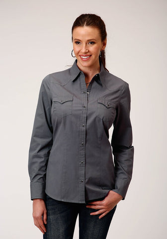 Roper Womens Charcoal 100% Cotton Solid Poplin L/S Snap Shirt