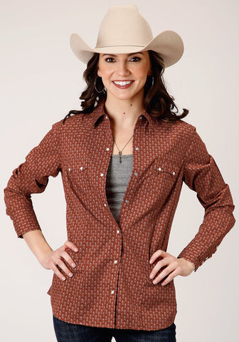 Roper Womens Brown 100% Cotton Arrow Geo L/S Shirt