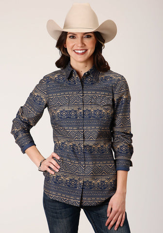 Roper Womens Blue 100% Cotton Navy Aztec Stripe L/S Shirt