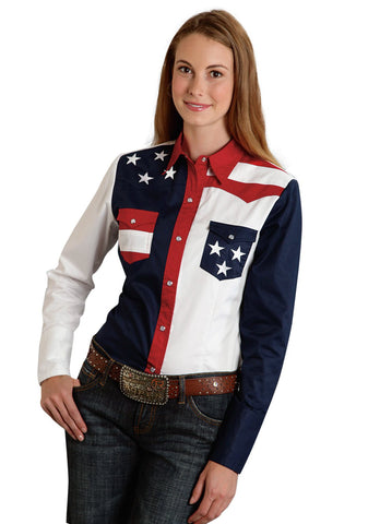 Roper Americana Ladies Blue 100% Cotton L/S Colorblock Western Shirt