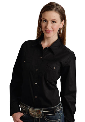 Roper Basic Solid Ladies Black 100% Cotton L/S 2 Pocket Western Shirt