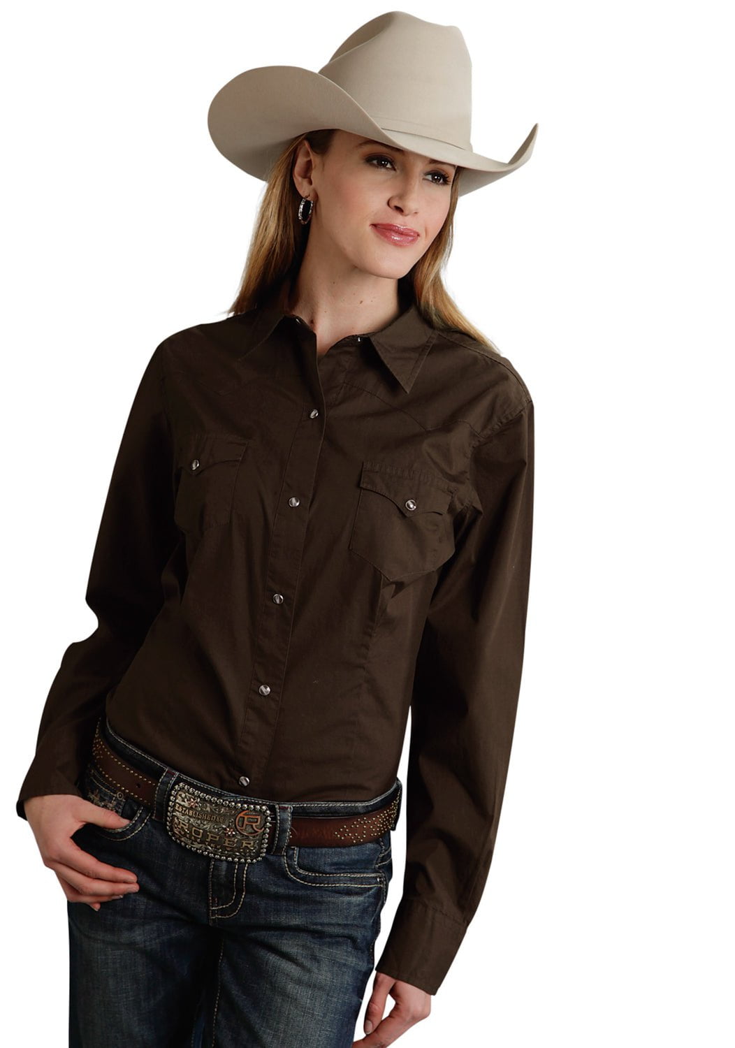 Roper Women's Western Long Sleeve Solid Snap Shirt - Brown - XS