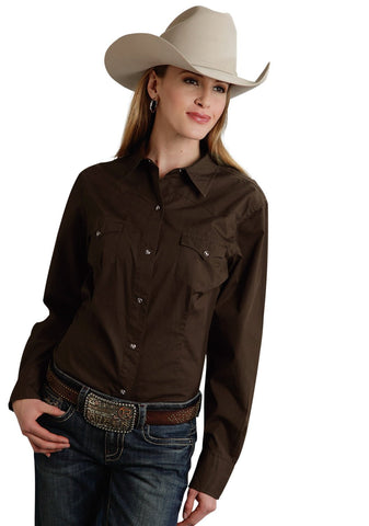 Roper Basic Solid Ladies Chocolate 100% Cotton L/S Western Shirt
