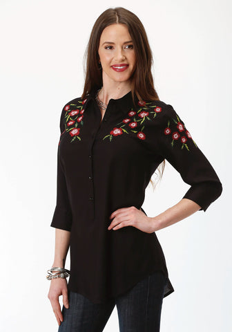 Roper Womens Black Rayon/Nylon Floral Challis S/S Shirt