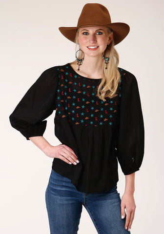 Roper Womens Black 100% Cotton Boots and Stars 3/4 Sleeve Blouse