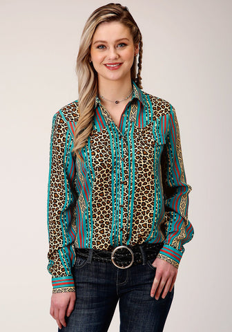 Roper Womens Multi-Color Rayon/Nylon Leopard Stripe L/S Blouse