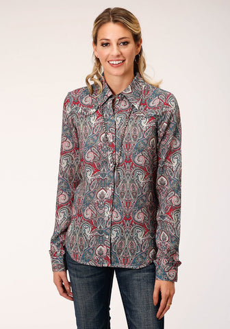 Roper Womens Sage Rayon/Nylon Paisley L/S Romantic Shirt