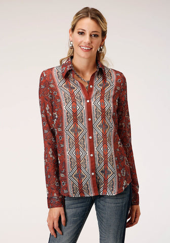 Roper Womens Rust Polyester Floral Border L/S Blouse