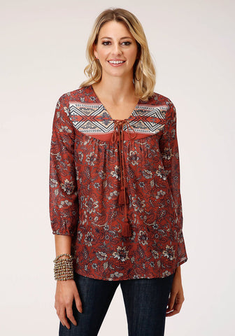 Roper Womens Rust Polyester Floral Border 3/4 Sleeve Blouse