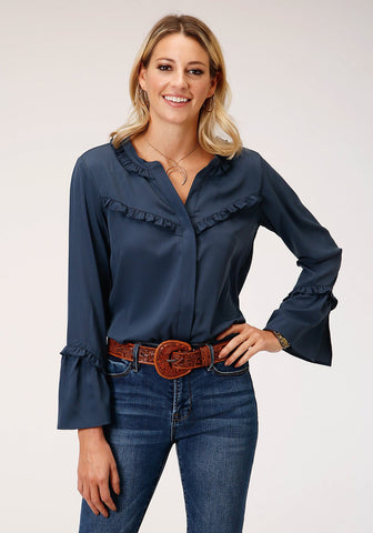 Roper Womens Navy Polyester American Crepe L/S Blouse