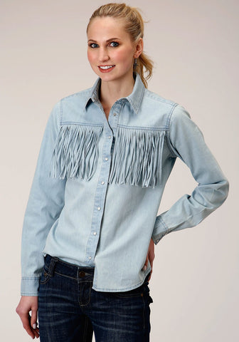 Roper Womens Light Blue 100% Cotton Fringe L/S Shirt