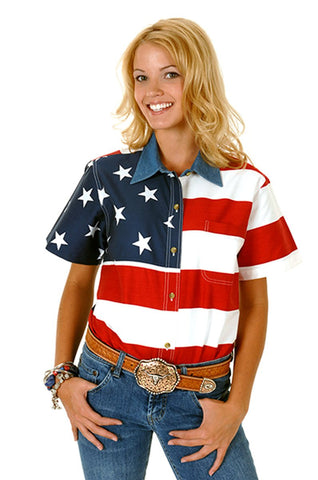 Roper Womens Patriotic Red 100% Cotton S/S Stars Stripes American Flag Shirt