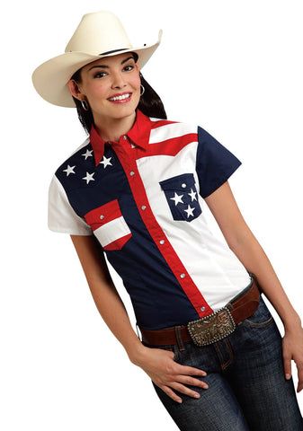 Roper Americana Ladies Blue 100% Cotton Colorblock S/S Flag Western Shirt