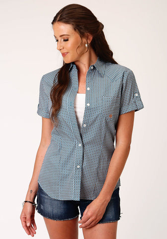 Roper Womens Blue 100% Cotton Geo BD S/S Button Shirt